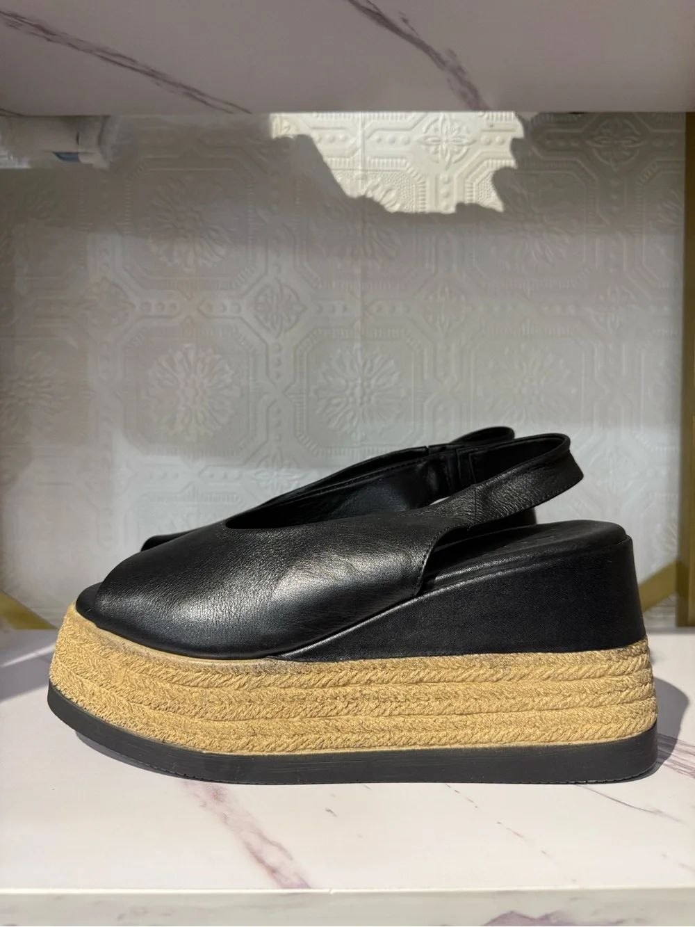 Lonza Agnes’s Black Leather Platform Espadrille Slingback Sandals